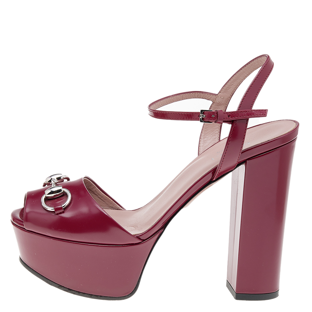 

Gucci Red Leather Claudie Horsebit Platform Sandals Size