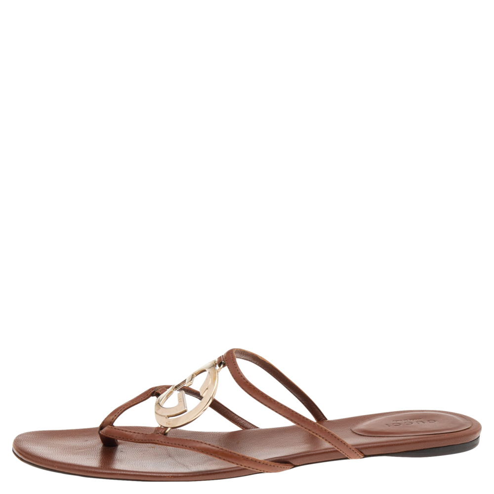 

Gucci Brown GG Leather Thong Flat Sandals Size