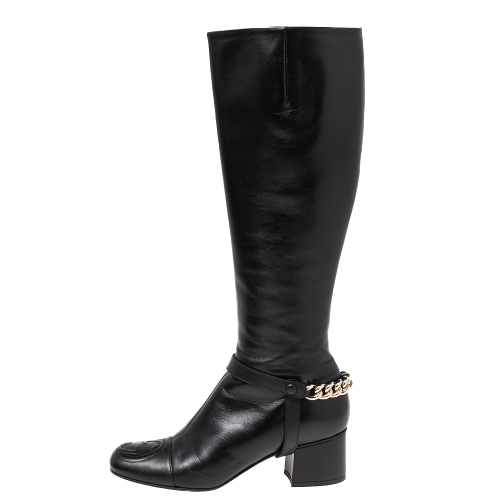 

Gucci Black Leather Chain GG Knee Length Boots Size