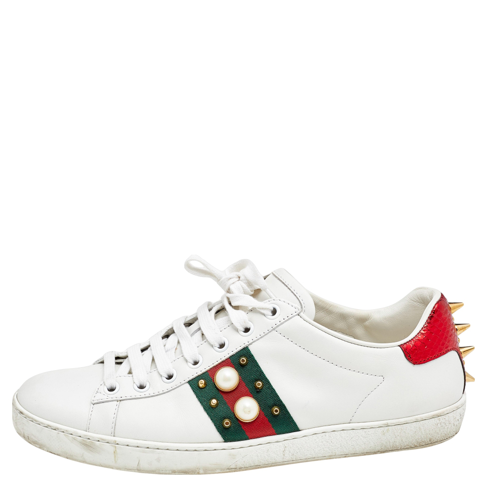 

Gucci White Leather New Ace Web Faux Pearl Embellished Low Top Sneakers Size