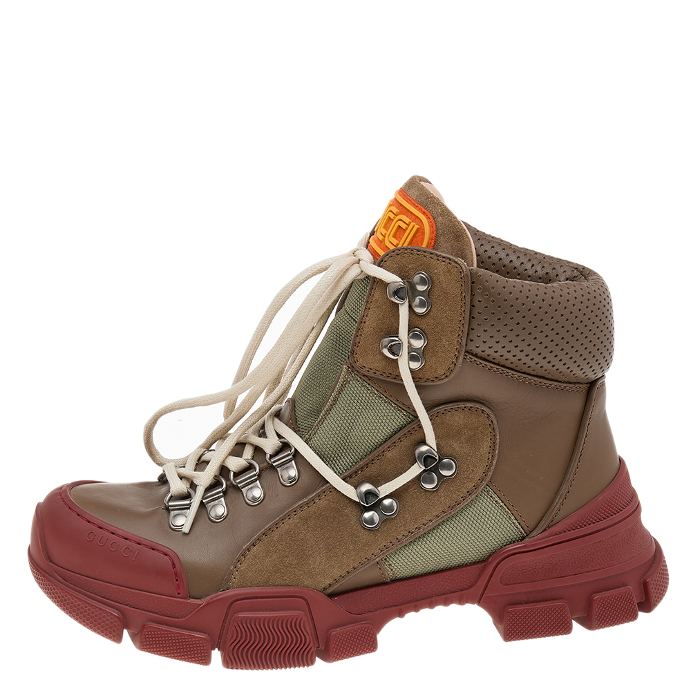 

Gucci Khaki/Brick Red Leather and Nylon Flashtrek High-Top Sneakers Size, Green