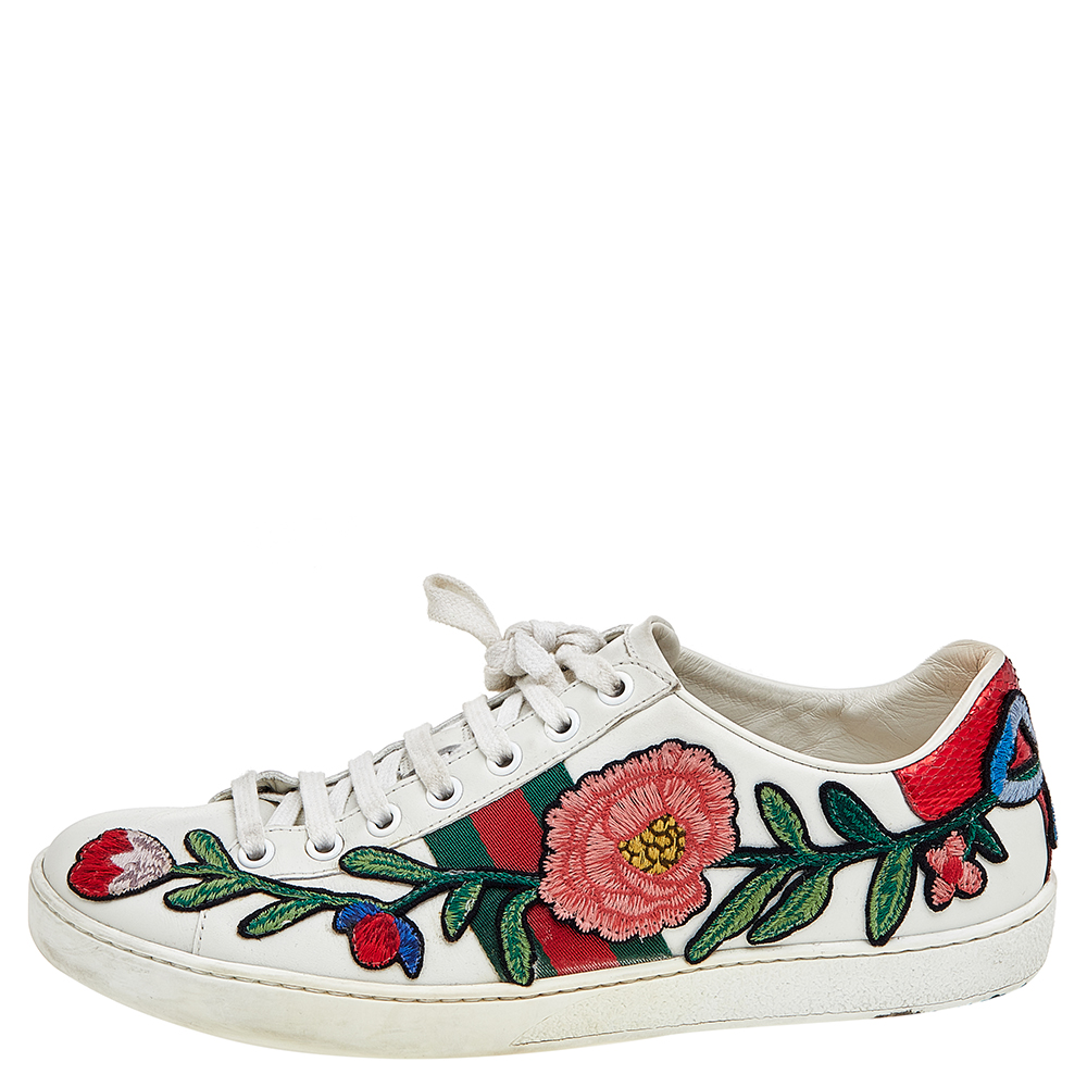 

Gucci White Leather Floral Embroidered Ace Low Top Sneakers Size