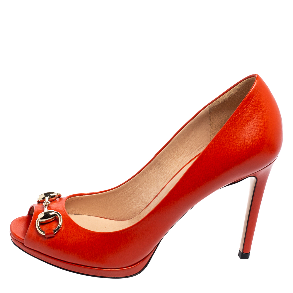 

Gucci Orange Leather Horsebit Peep Toe Pumps Size