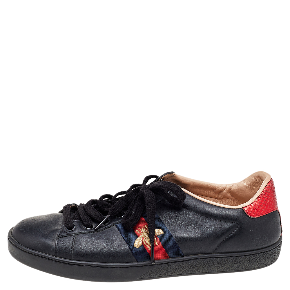 

Gucci Black Leather Ace Bee Embroidered Web Low Top Sneakers Size