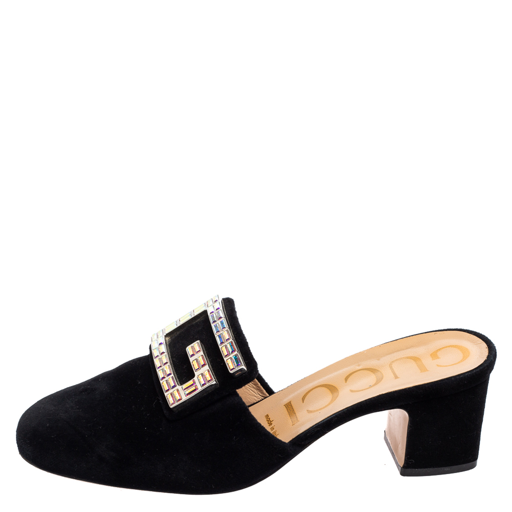 

Gucci Black Velvet Madelyn Crystal G Mule Sandals Size