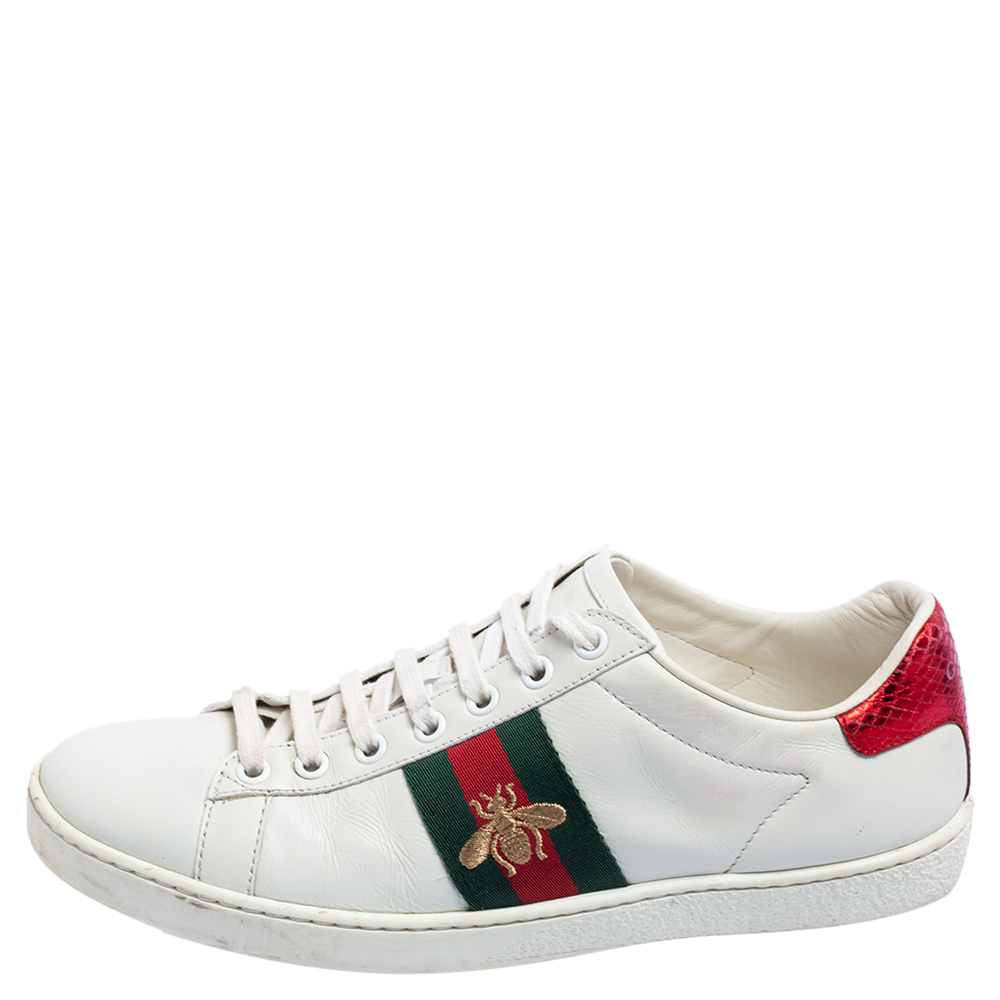 

Gucci White Leather Embroidered Bee Ace Low-Top Sneakers Size
