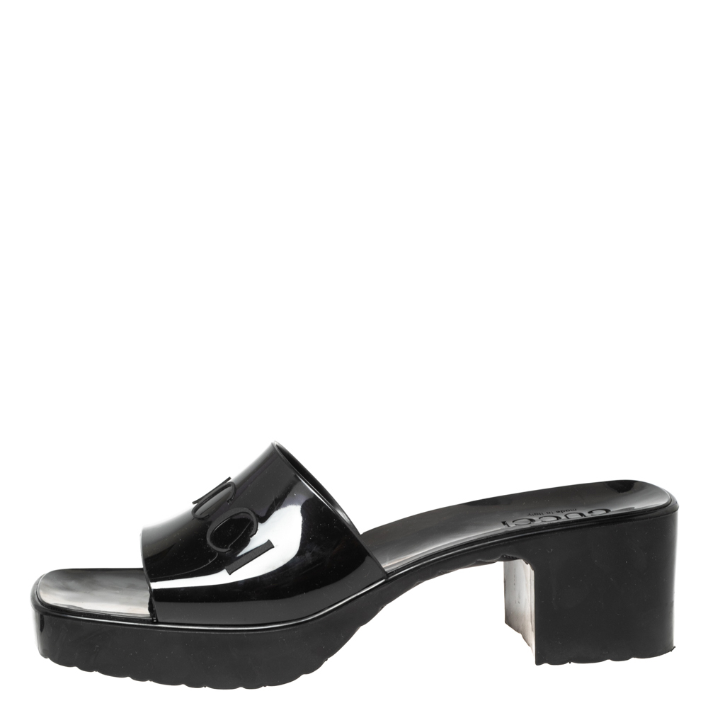 

Gucci Black PVC Logo-Embossed Mule Sandals Size