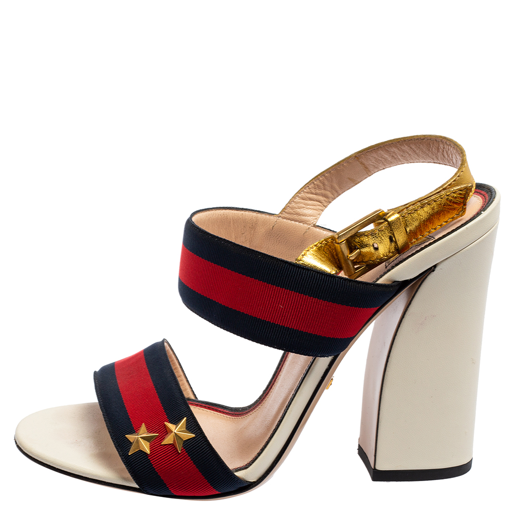 

Gucci Multicolor Leather And Web Trim Block Heel Sandals Size