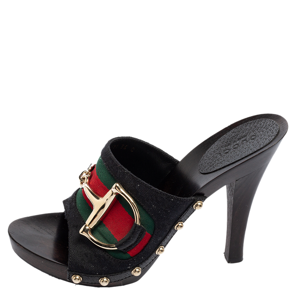 

Gucci Black GG Canvas Icon Bit Web Clog Sandals Size