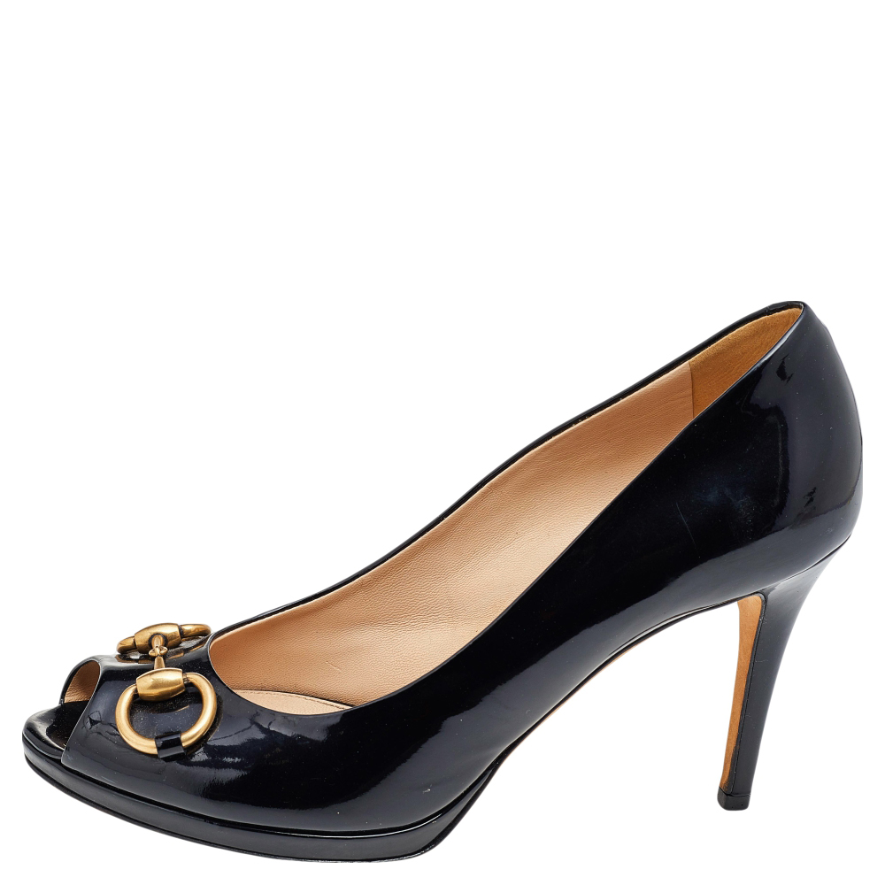 

Gucci Black Patent Leather Horsebit Peep Toe Pumps Size