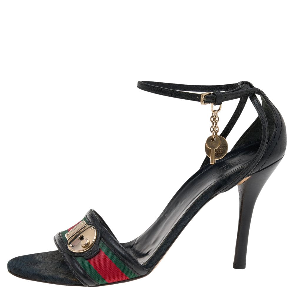 

Gucci Black Leather And Web Ankle Strap Sandals Size