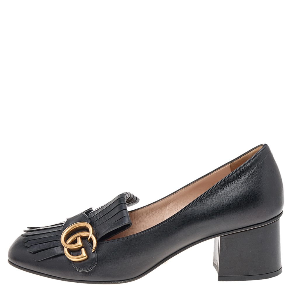 

Gucci Black Leather GG Marmont Fringe Block Heel Pumps Size