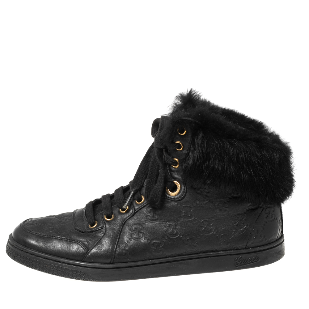 

Gucci Black Guccissima Leather Cada Fur Trim High Top Sneakers Size