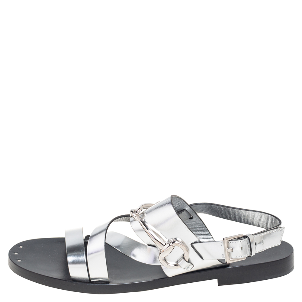 

Gucci Silver Leather Horsebit Flat Sandals Size