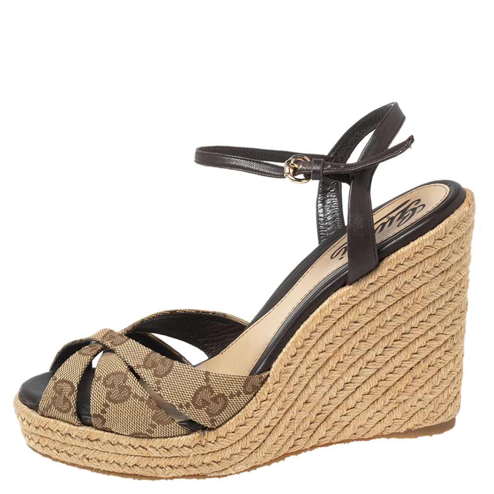 

Gucci Beige GG Canvas and Leather Penelope Espadrille Wedge Sandals Size