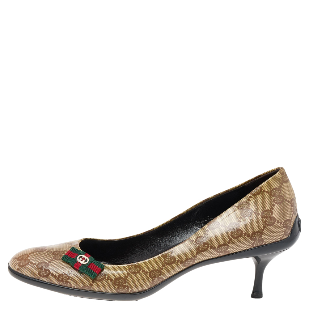 

Gucci Beige/Brown GG Crystal Canvas Web Bow Pumps Size