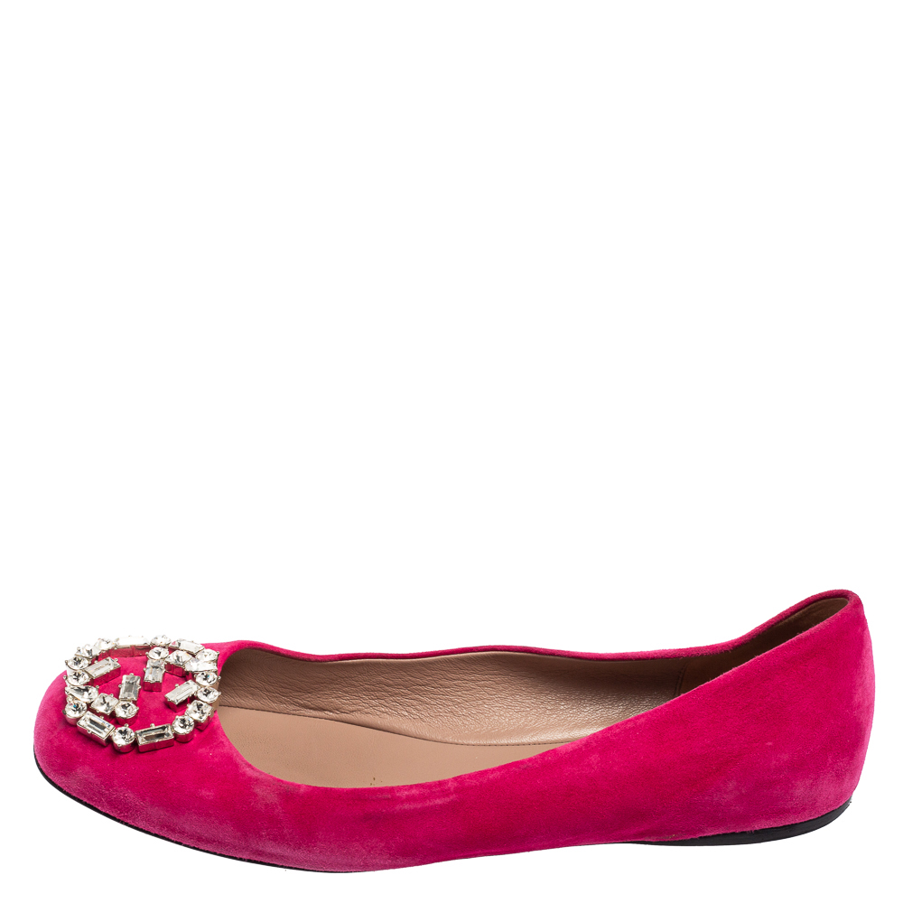 

Gucci Pink Suede Crystal GG Ballet Flats Size
