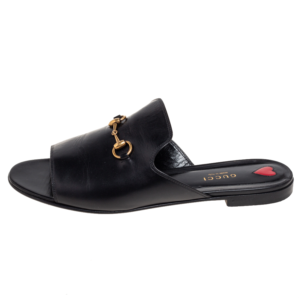 

Gucci Black Leather Malaga Horsebit Flat Slides Size