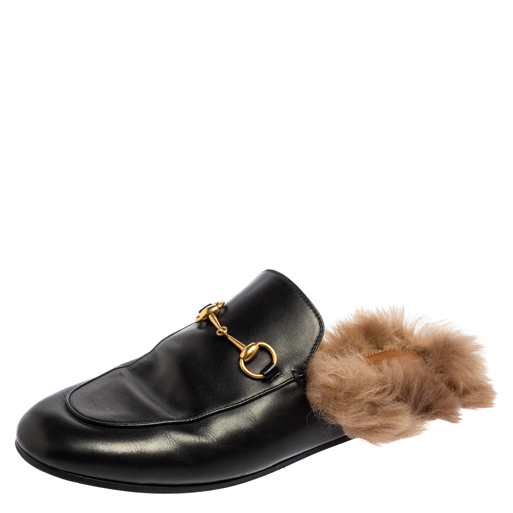 Pre-owned Gucci Black Leather And Fur Princetown Horsebit Flat Mule Sandals Size 38