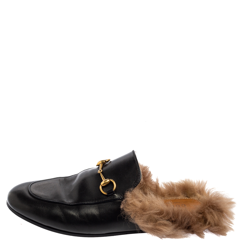 

Gucci Black Leather and Fur Princetown Horsebit Flat Mule Sandals Size
