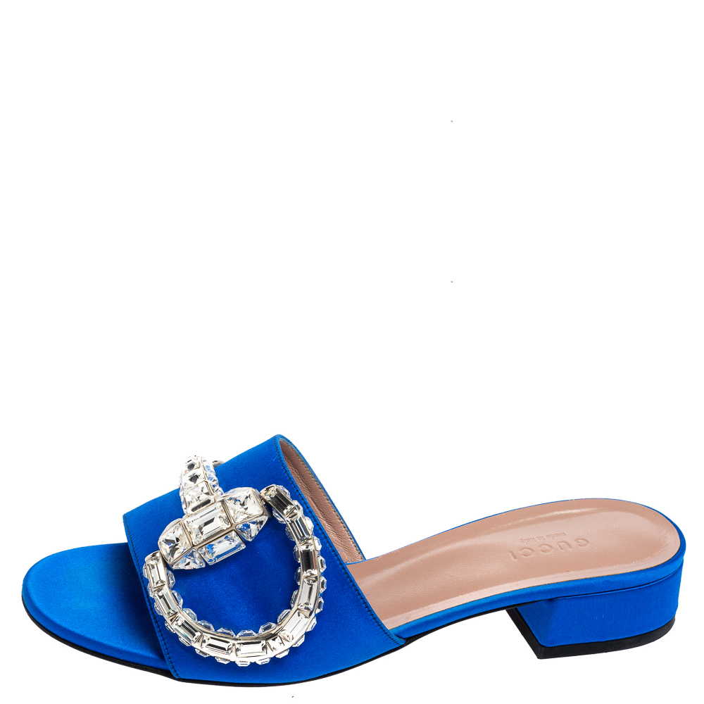 

Gucci Blue Satin Maxime Crystal Icon Bit Open Toe Slides Sandals Size