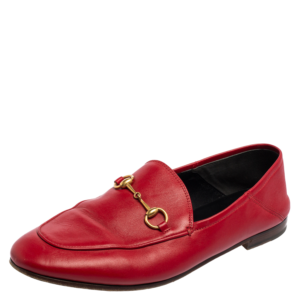Pre-owned Gucci Red Leather Horsebit Slip On Loafers Size 40