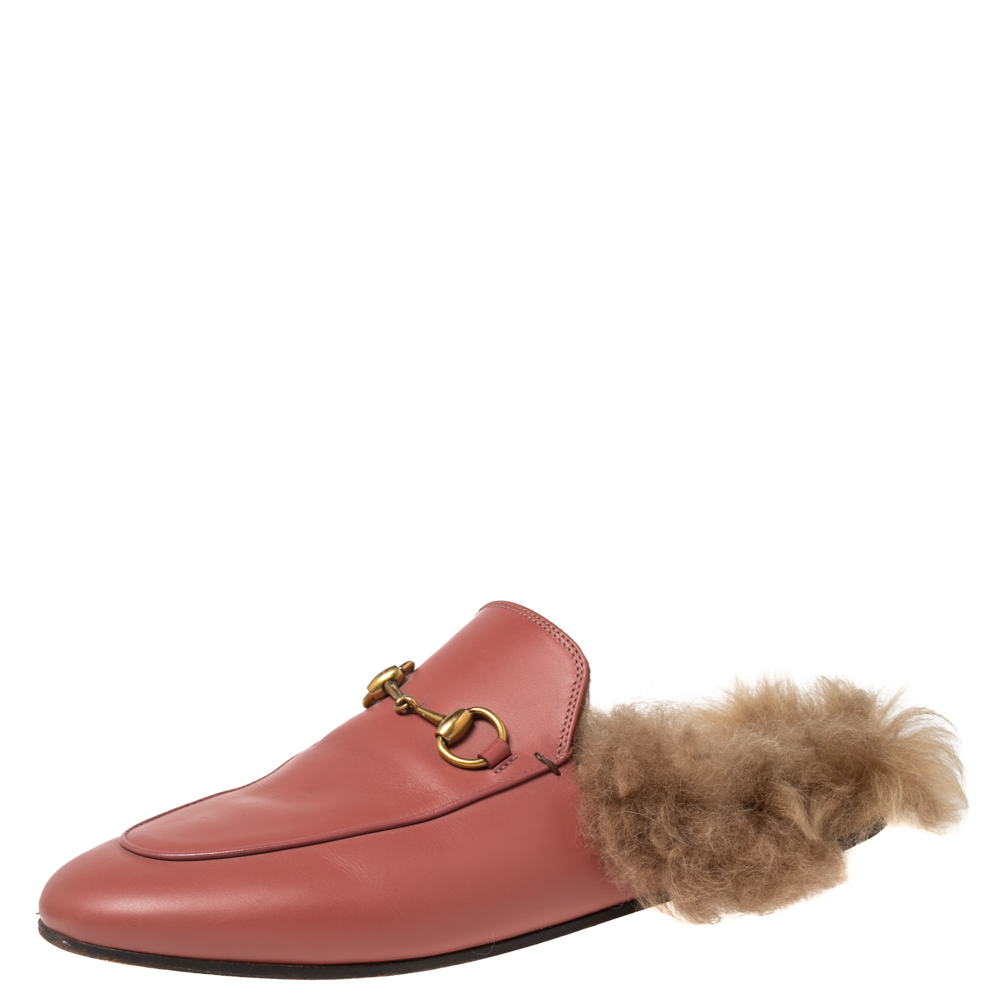 Pre-owned Gucci Pink Leather And Fur Lined Princetown Horsebit Mules Size 37