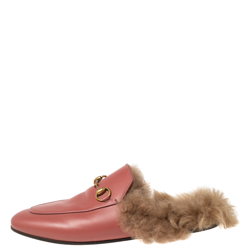 

Gucci Pink Leather And Fur Lined Princetown Horsebit Mules Size