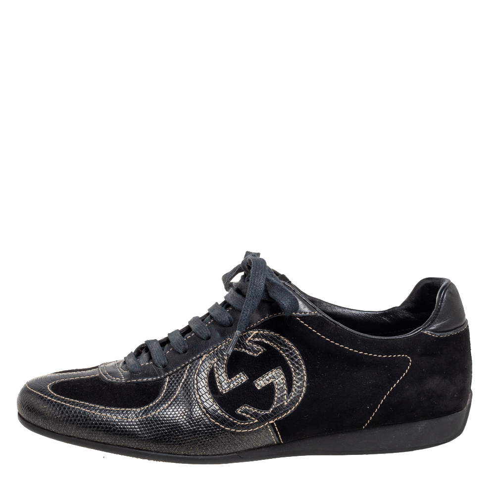 

Gucci Black Suede And Lizard Embossed Leather Logo Low Top Sneakers Size