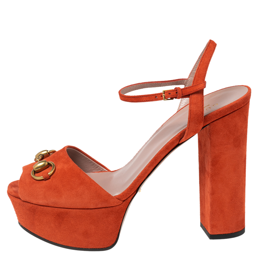 

Gucci Orange Suede Horsebit Platform Ankle Strap Sandals Size