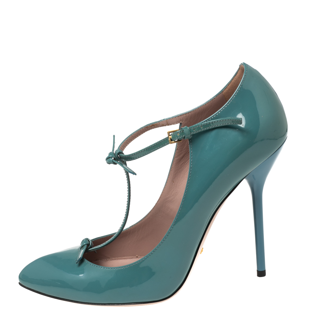 

Gucci Aqua Blue Patent Leather Knotted Bow T-Strap Pumps Size