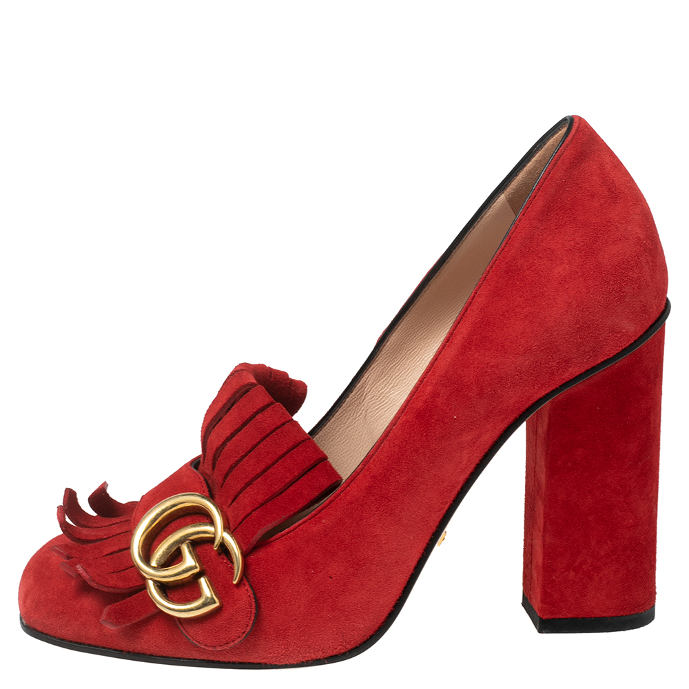 

Gucci Red Suede Leather GG Marmont Fringe Detail Block Heel Pumps Size