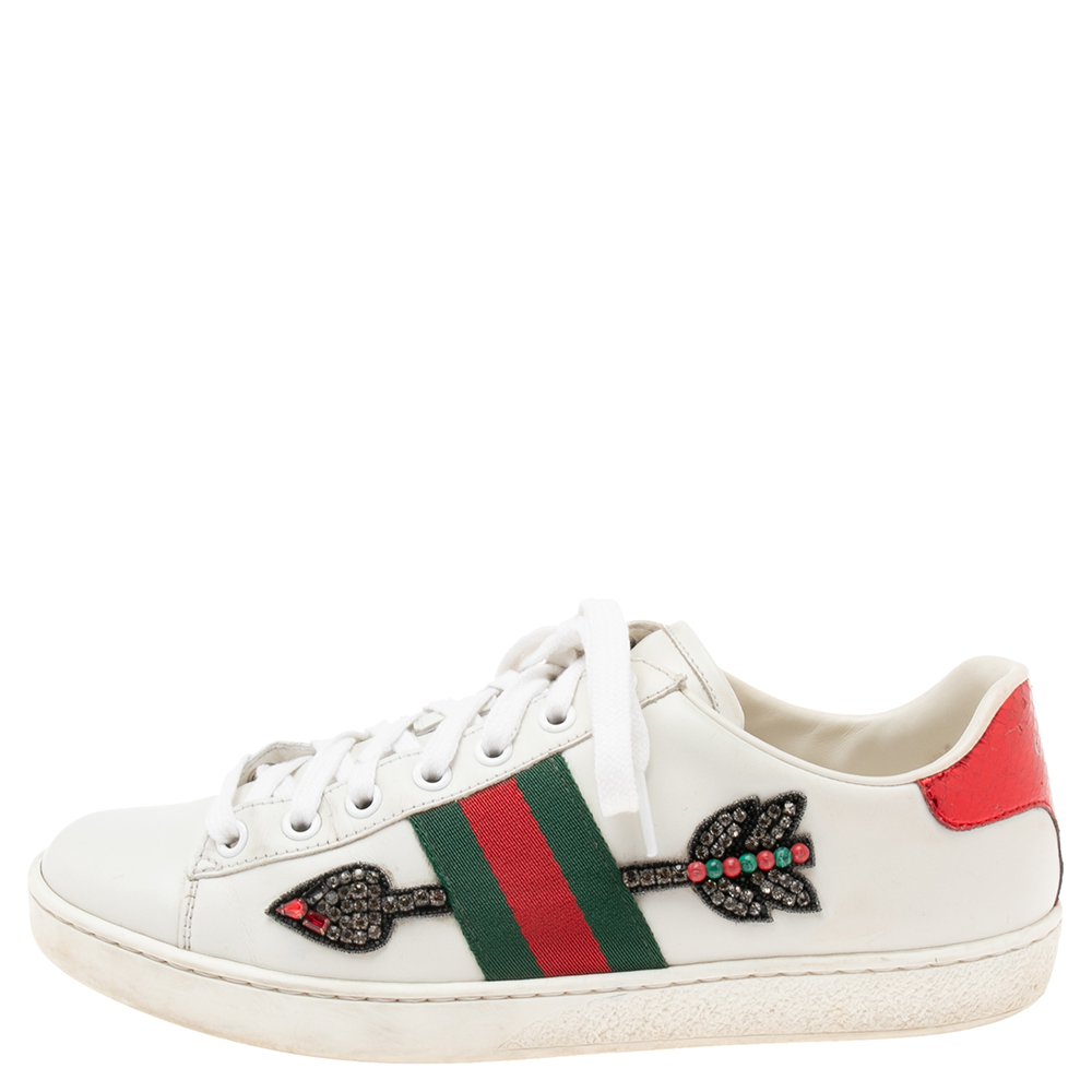 

Gucci White Leather Ace Arrow Crystals Embellished Low Top Sneakers Size