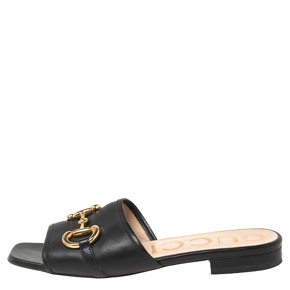 

Gucci Black Leather Horsebit Flat Sandals Size