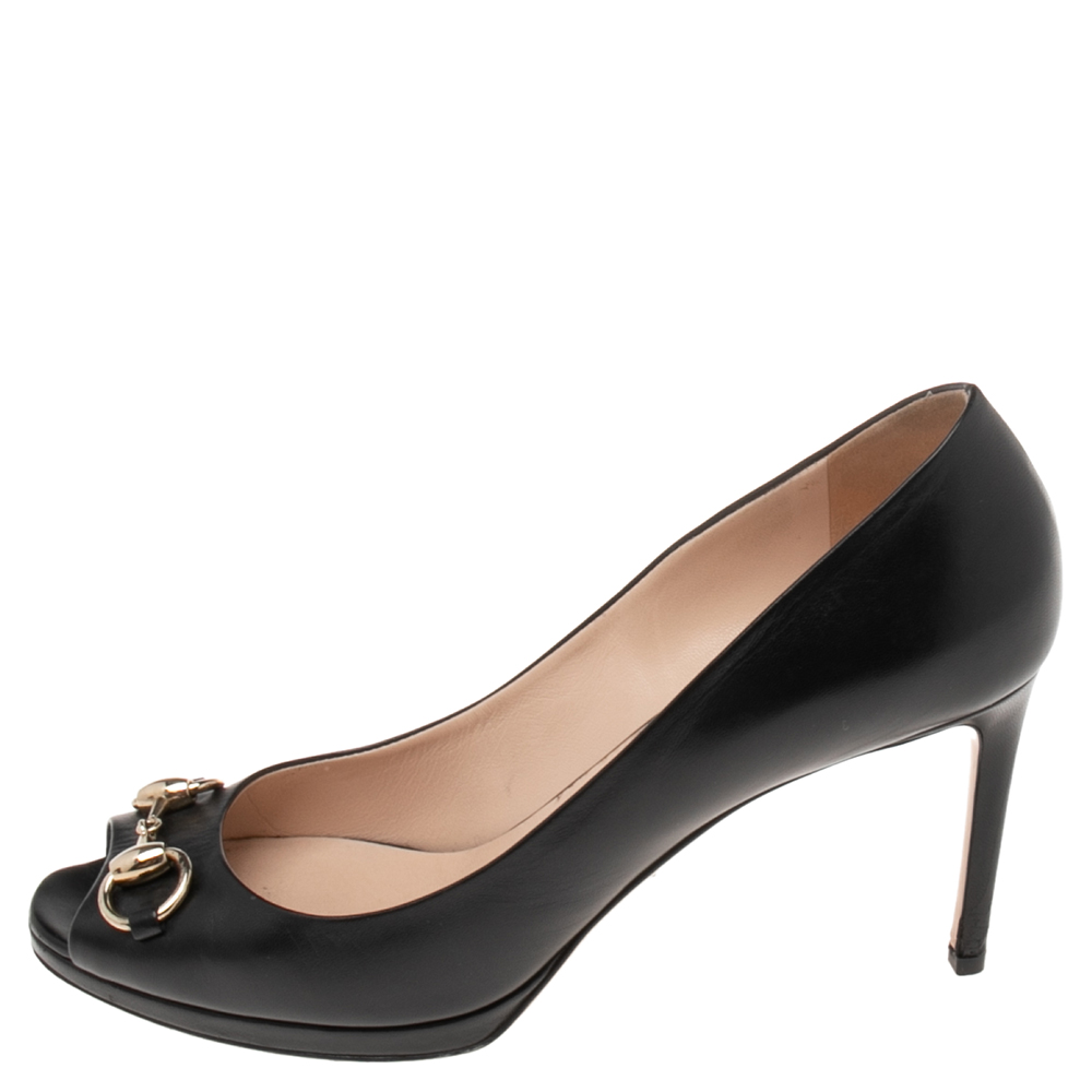 

Gucci Black Leather Horsebit Peep-Toe Pumps Size