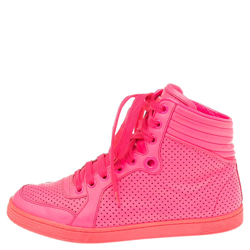 

Gucci Neon Pink Leather Interlocking G High Top Sneakers Size