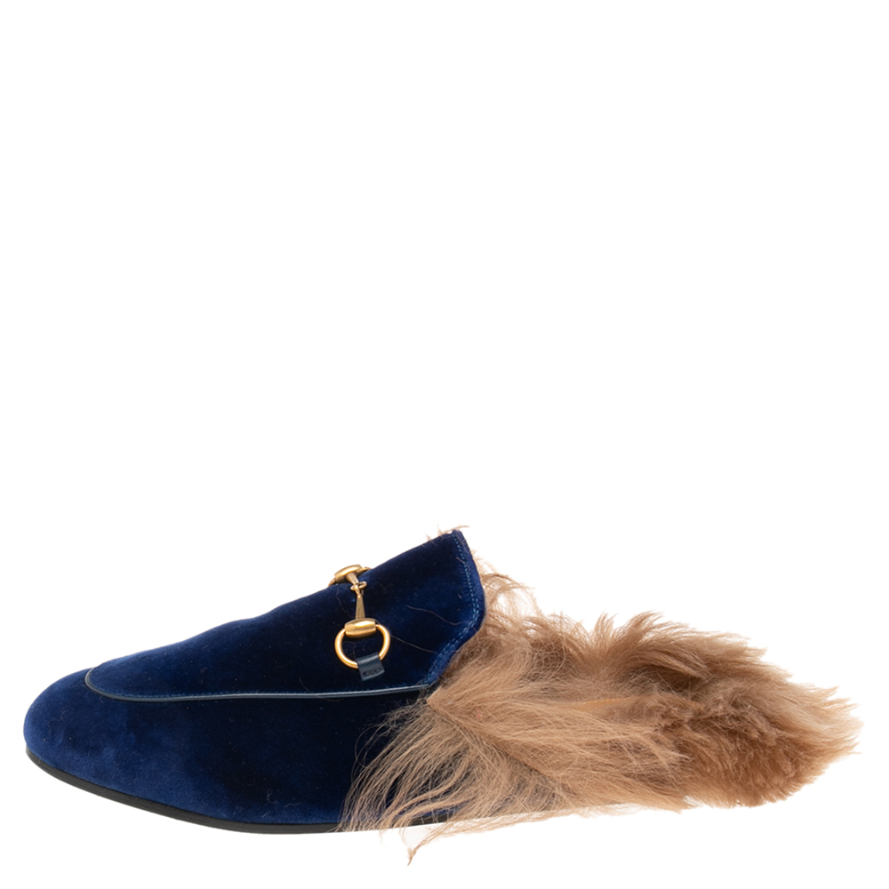 

Gucci Royal Blue Velvet and Fur Lined Horsebit Princetown Mule Sandals Size
