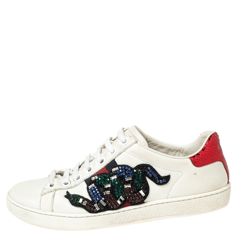 

Gucci White Leather Ace Snake Crystal Embellished Low Top Sneakers Size