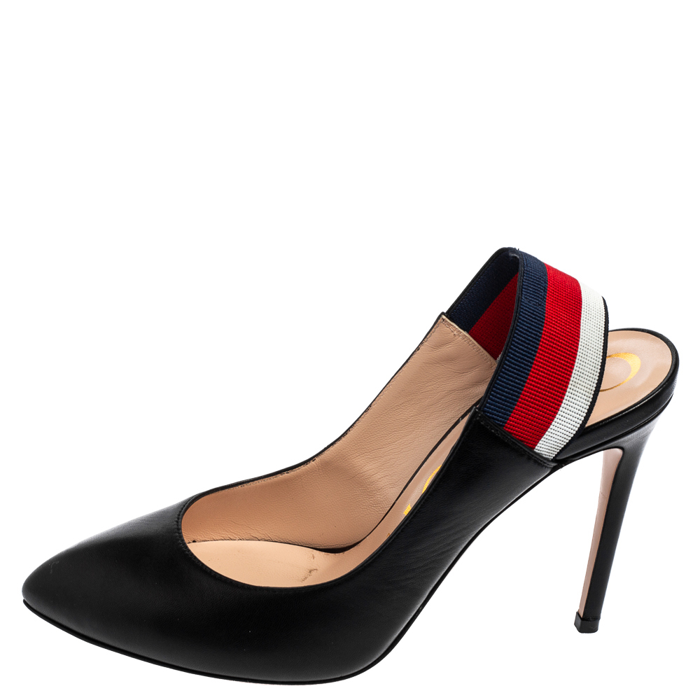 

Gucci Black Leather Sylvie Web Detail Slingback Sandals Size