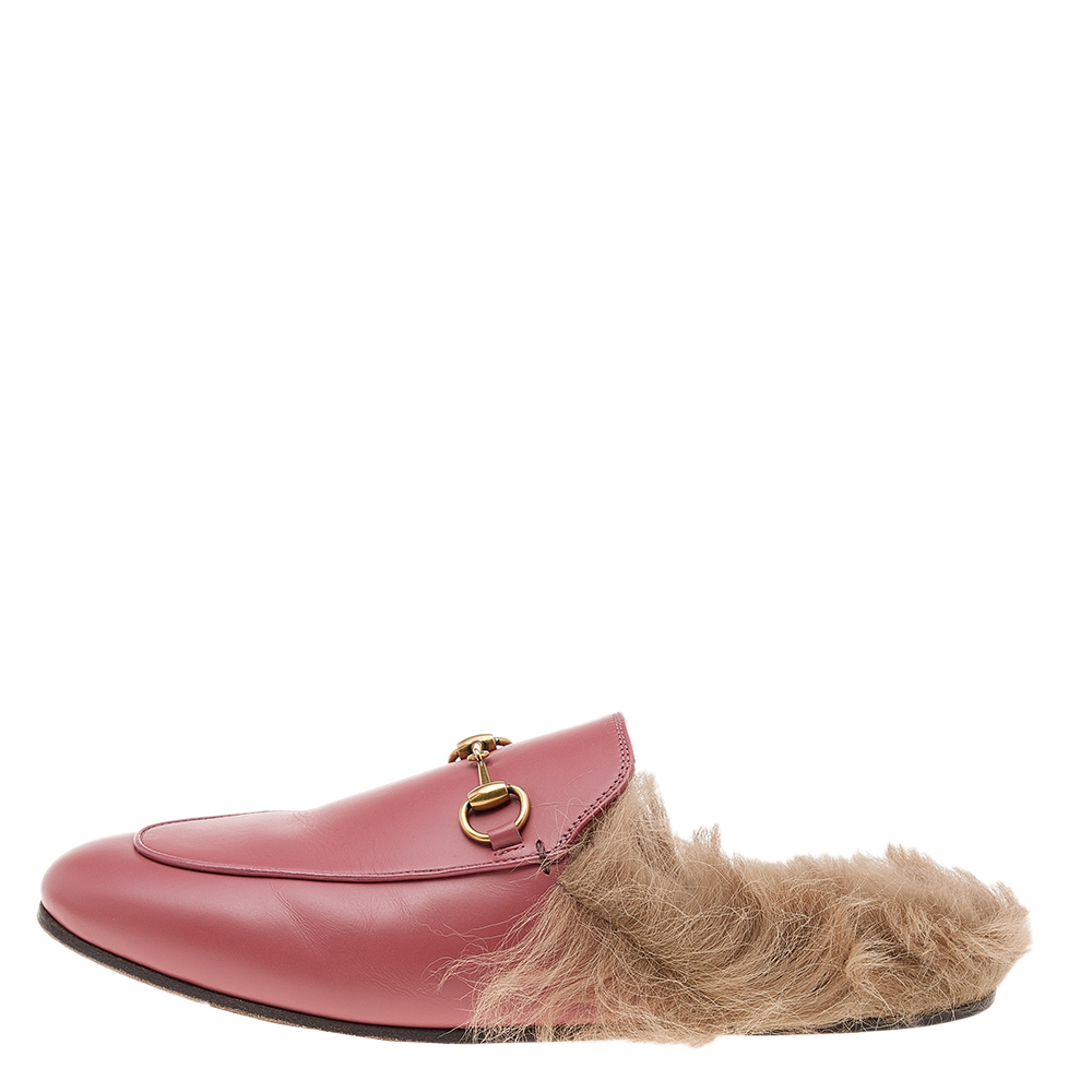 

Gucci Dark Pink Leather And Fur Princetown Horsebit Mules Size