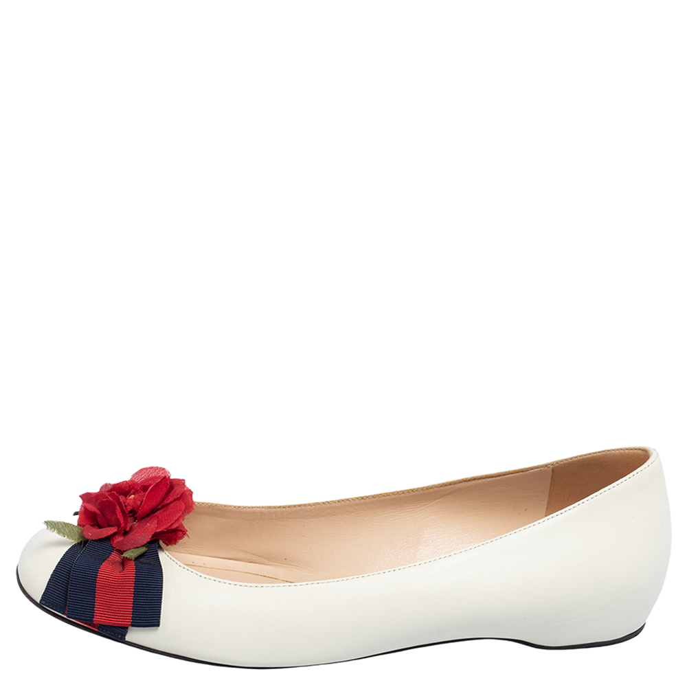 

Gucci Off White Leather Web Flower Bow Cap Toe Ballet Flats Size
