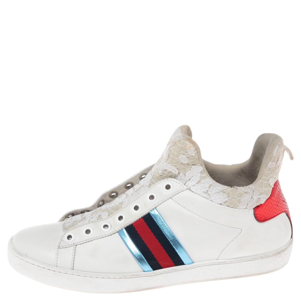 

Gucci White Lace And Leather Ace Slip On High Top Sneakers Size