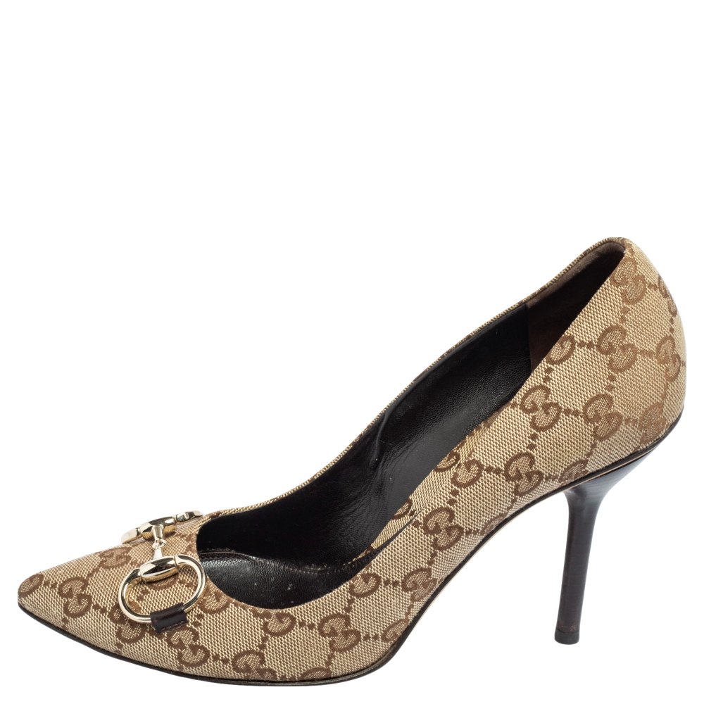 

Gucci Beige GG Canvas Horsebit Pointed Toe Pumps Size