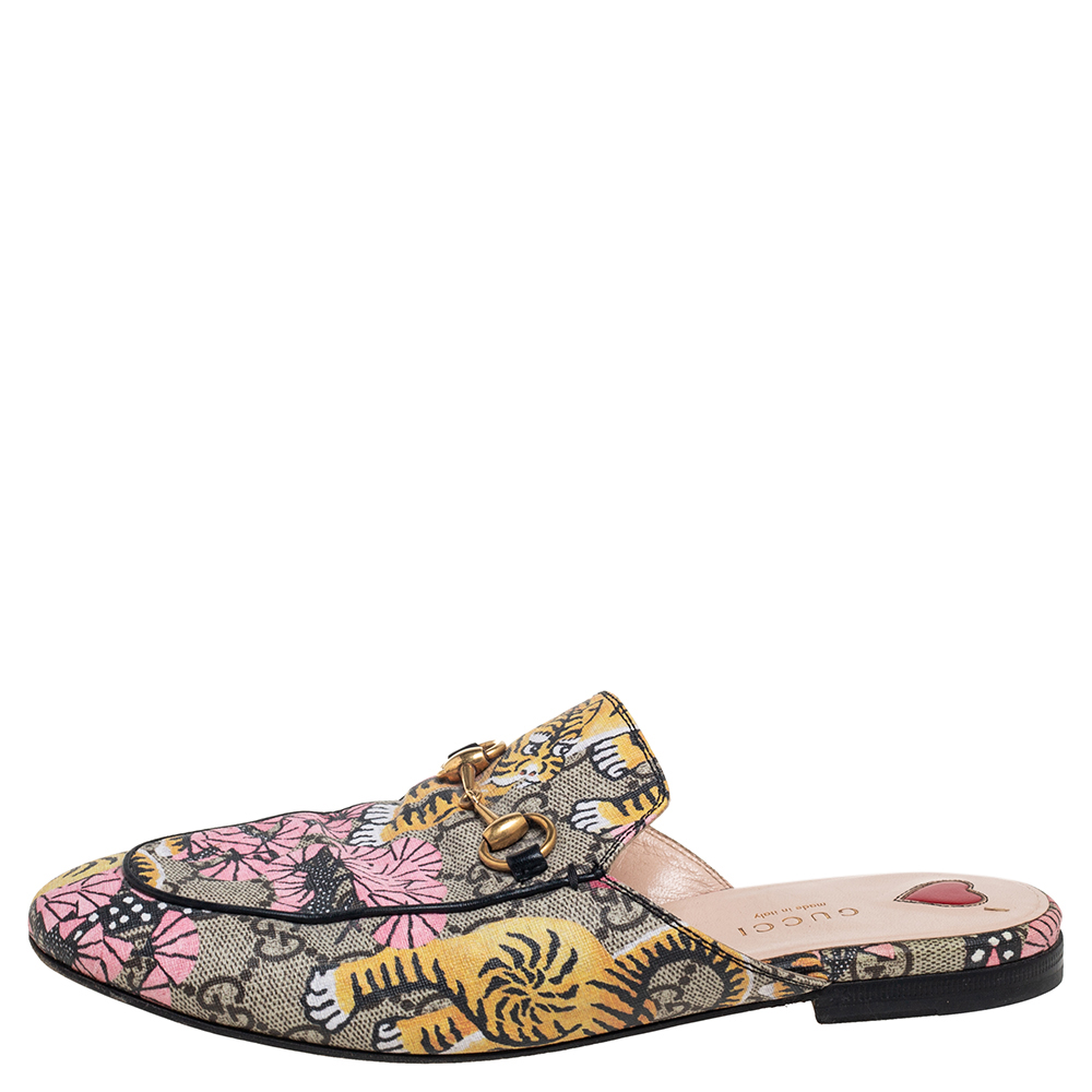 

Gucci Multicolor Tiger Print GG Supreme Canvas Princetown Mules Size