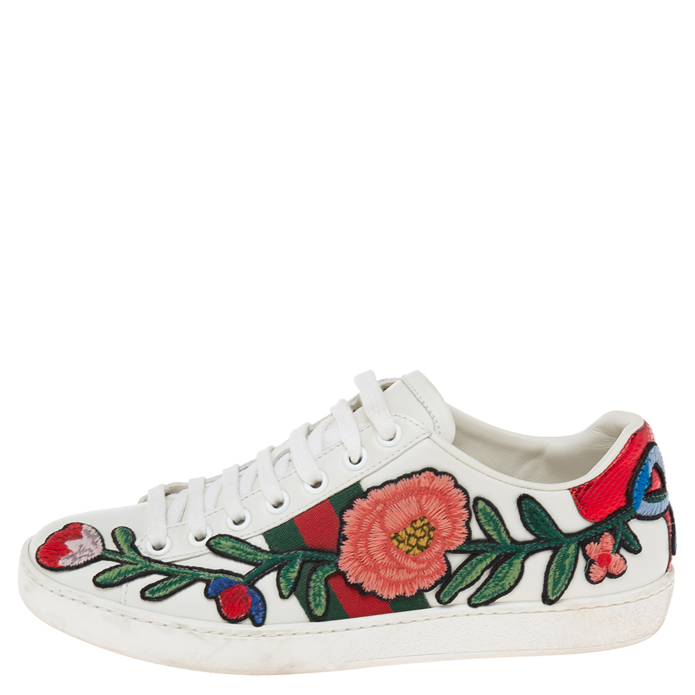 

Gucci White Floral Embroidered Leather Ace Low-Top Sneakers Size