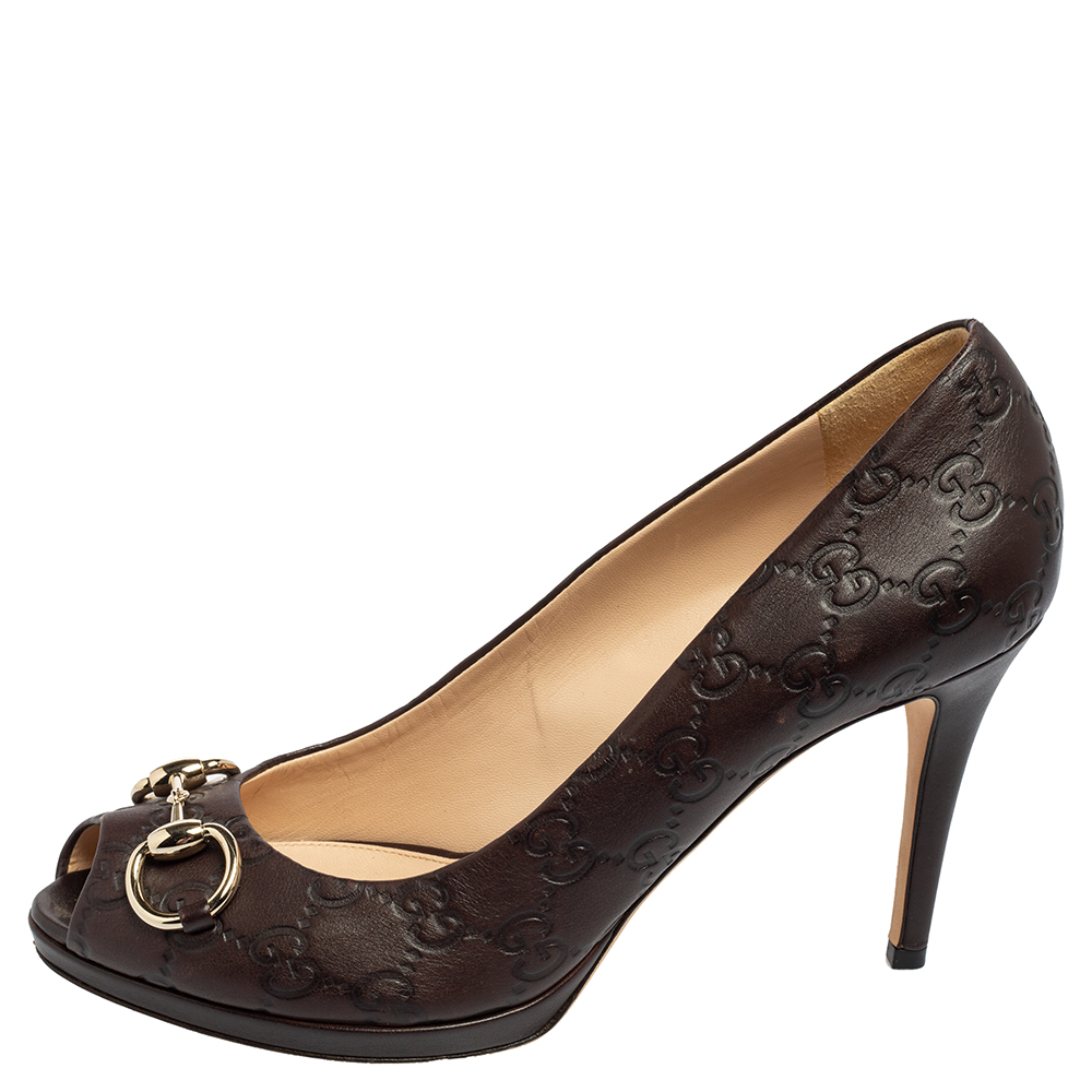 

Gucci Brown Guccissima Leather New Hollywood Horsebit Peep-Toe Pumps Size