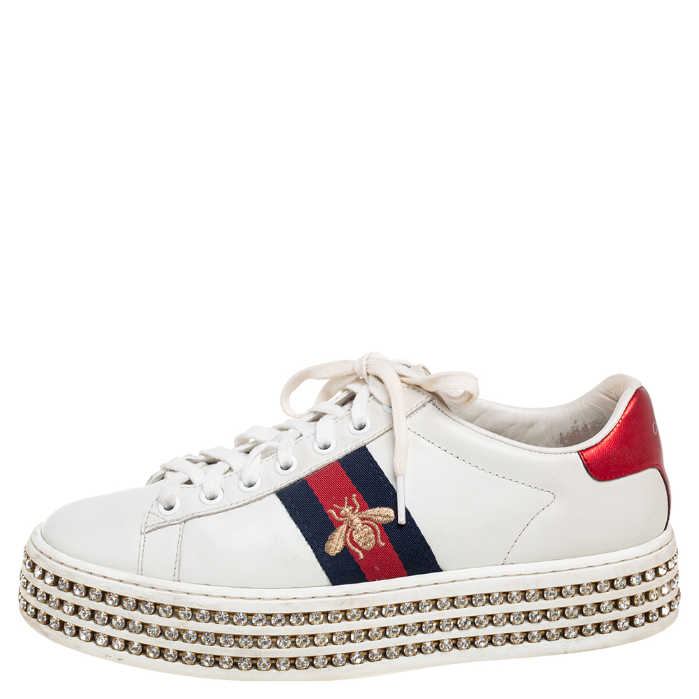 

Gucci White Leather And Bee Web Detail New Ace Crystal Embellished Platform Sneakers Size