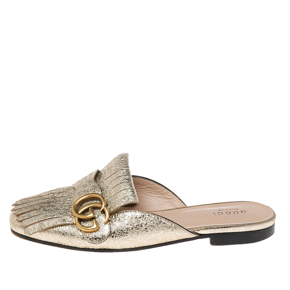

Gucci Metallic Gold Leather GG Marmont Fringe Mule Sandals Size