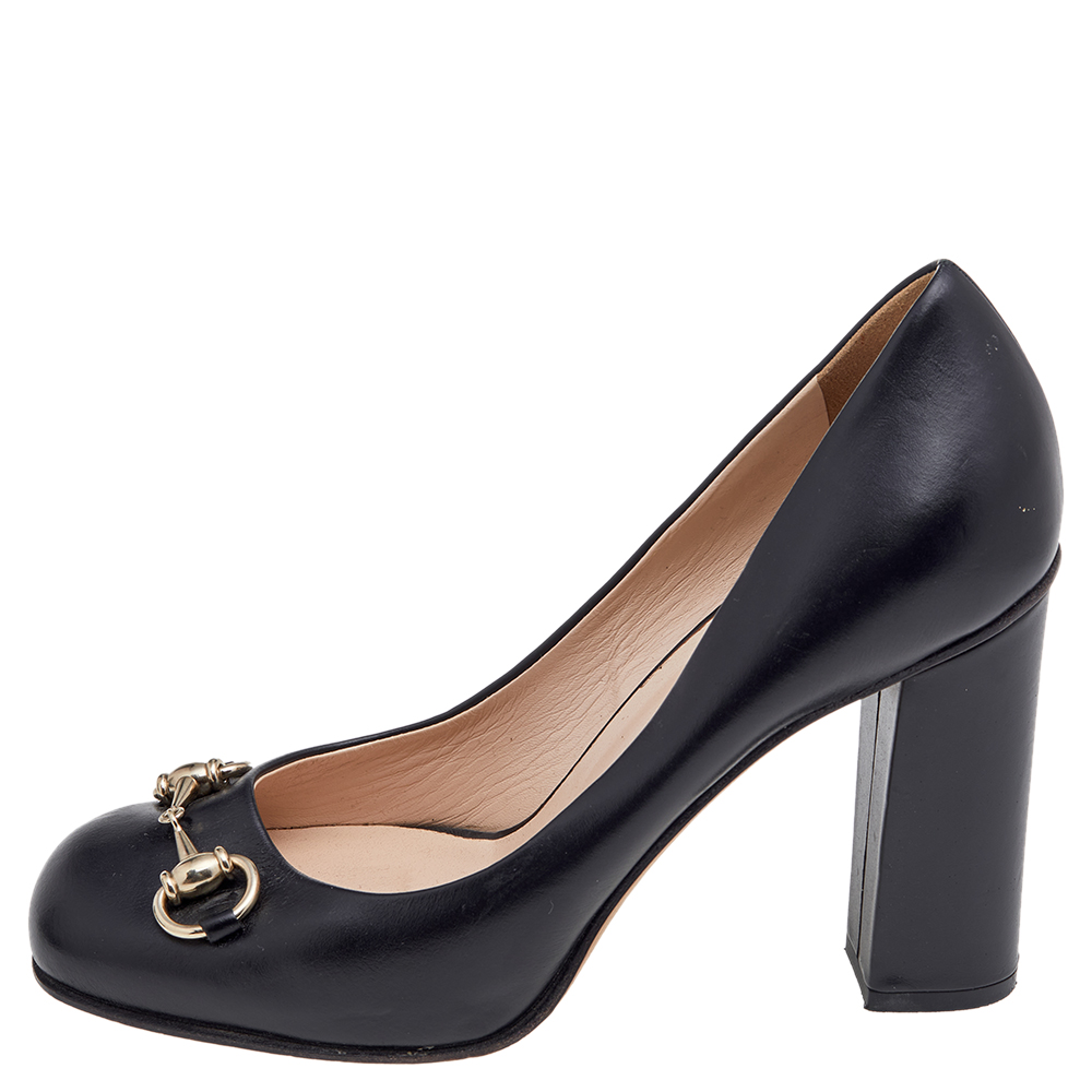 

Gucci Black Leather Horsebit Block Heel Pumps Size