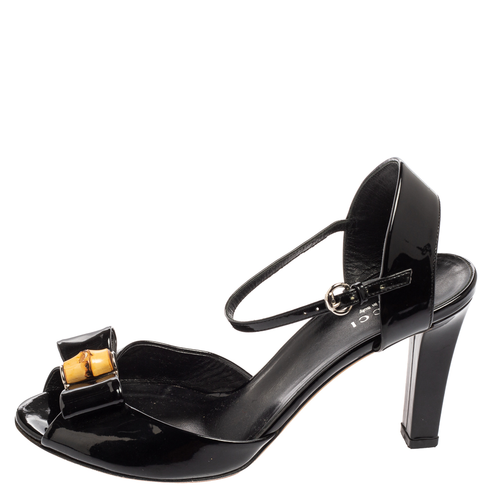 

Gucci Black Patent Leather Bamboo Bow Peep-Toe Ankle-Strap Sandals Size